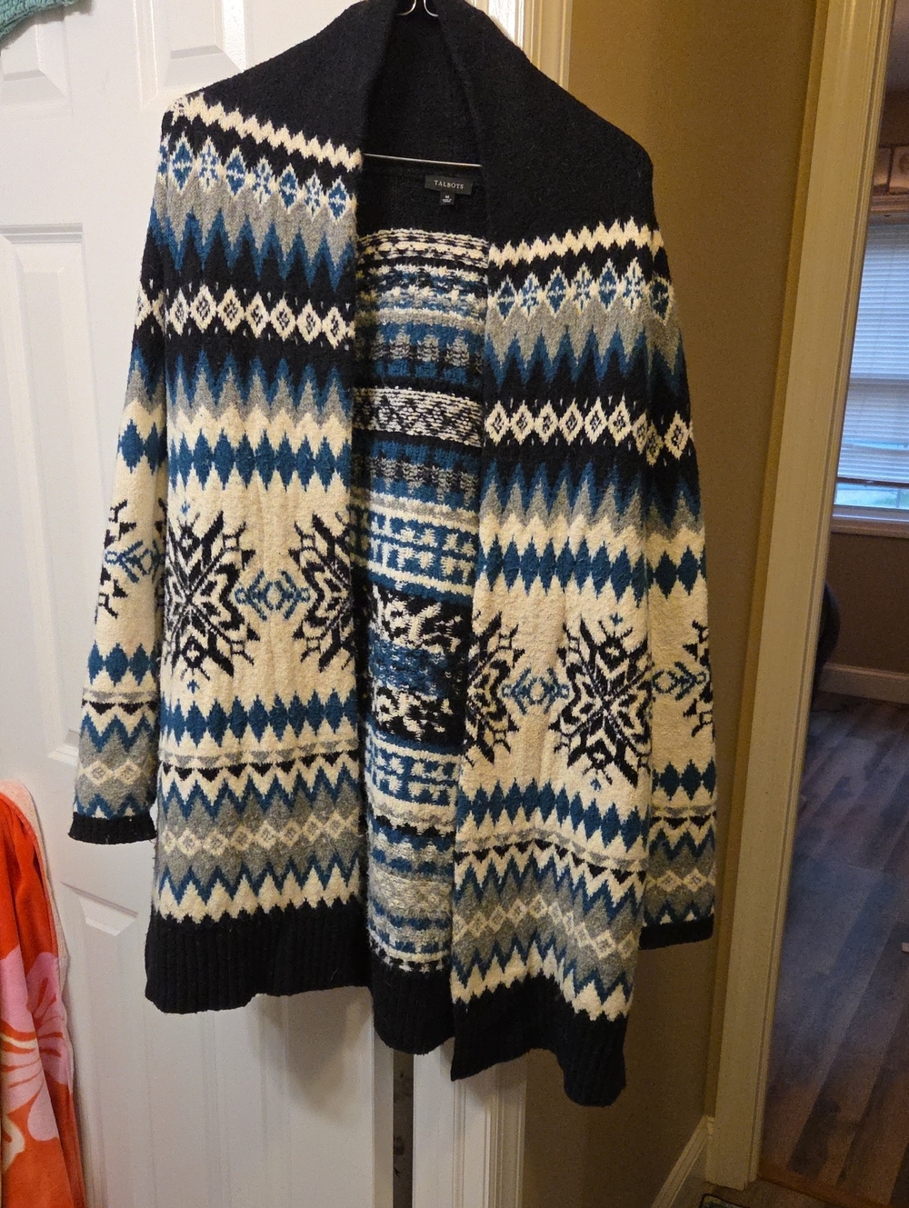 Talbots Black, Blue & Cream Fair Isle Open Cardigan